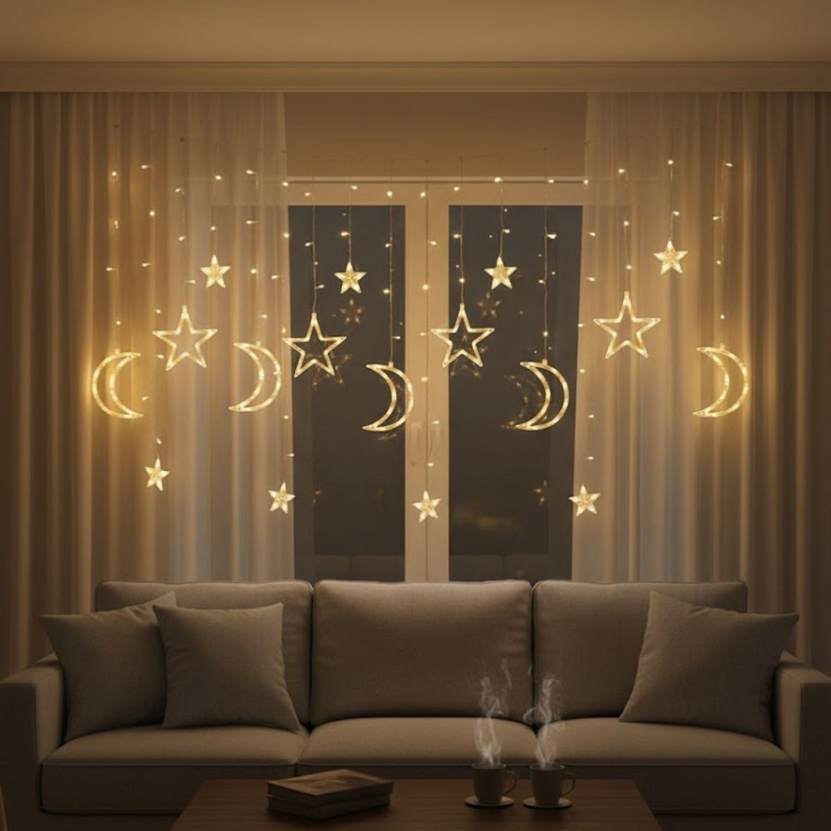 Ay ve Yıldız Figürlü Kumandalı 12 Sarkıtlı 120 LED Dekor Işık
