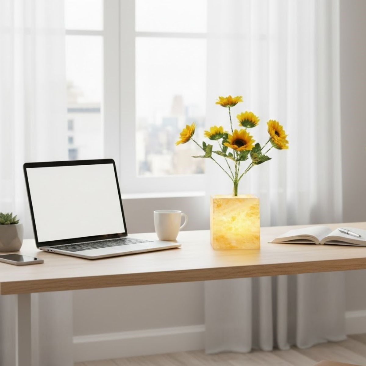 Işıklı Yapay Çiçek – Sarı Saksılı LED Dekoratif Bitki, Masaüstü ve Ev Ofis Aydınlatmalı Süs Bitkisi