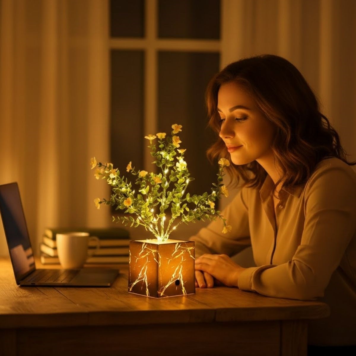 Işıklı Yapay Çiçek–Siyah Saksılı LED Dekoratif Bitki, Masaüstü ve Ev Ofis Aydınlatmalı Süs Bitkisi