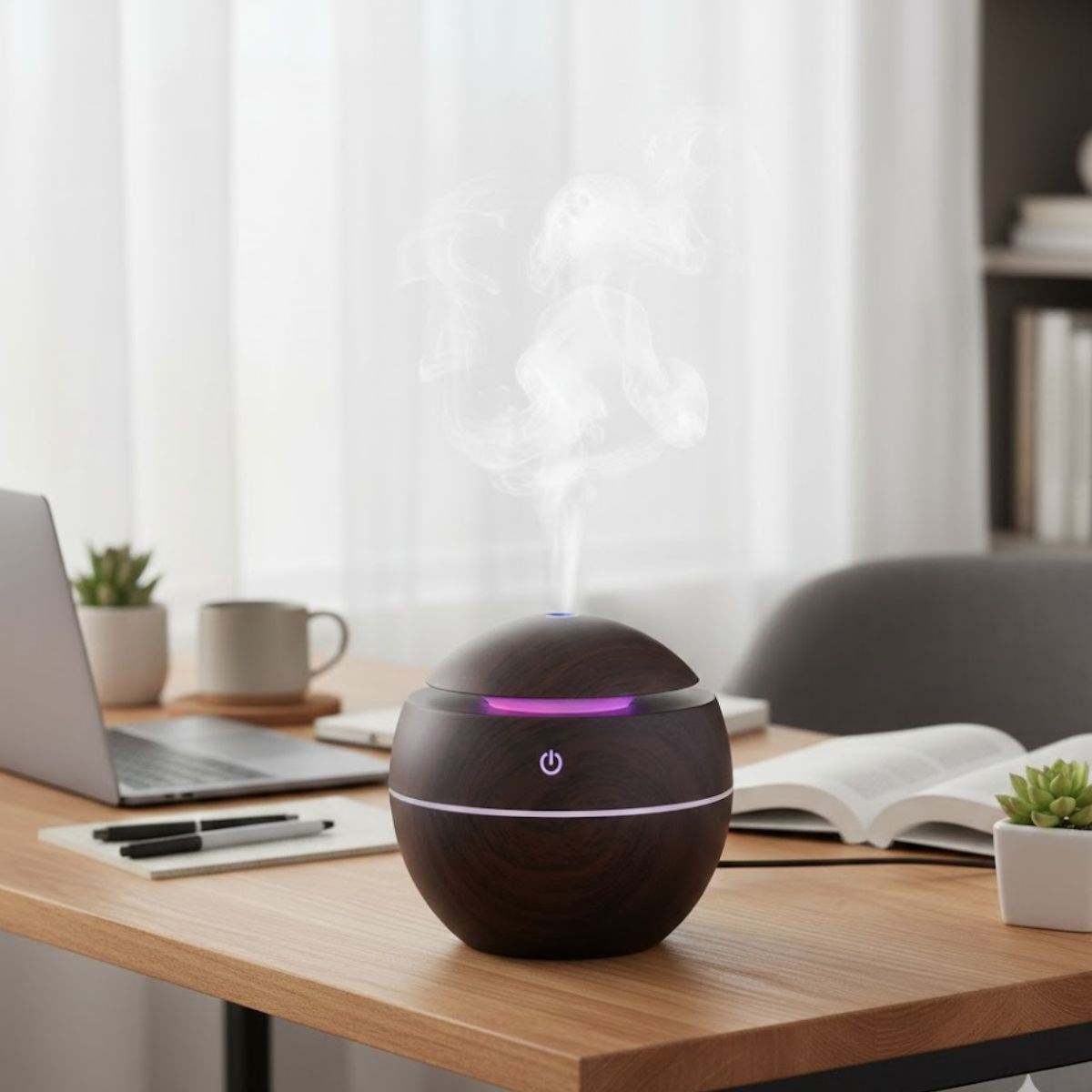 Küre Model Akasya Renk – Ultrasonik Soğuk Buhar Makinesi, LED Işıklı Masaüstü Oda Nemlendirici