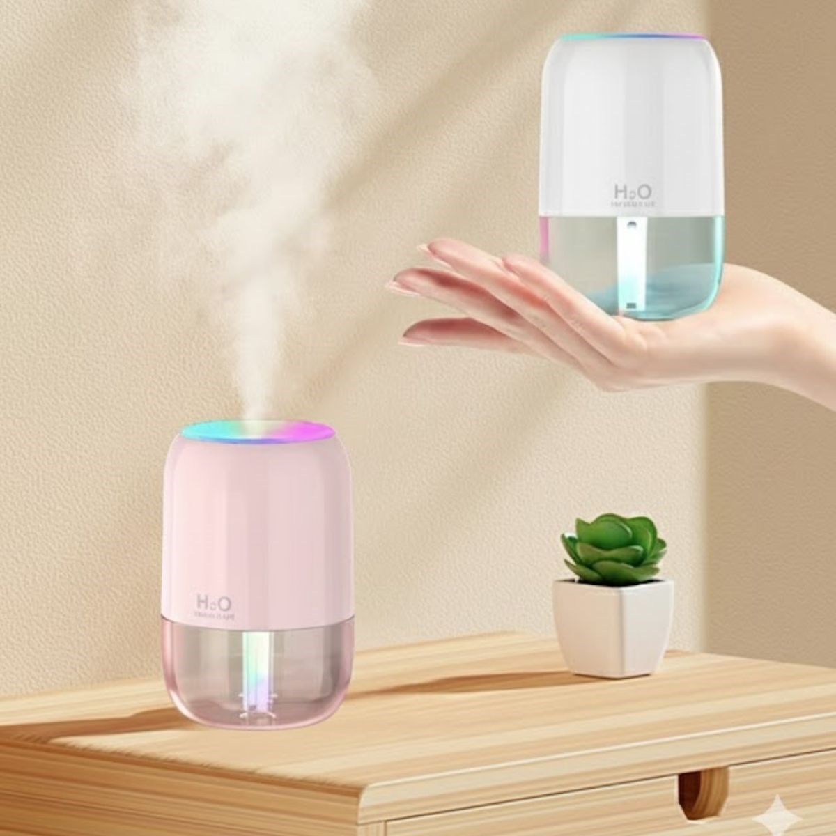 H2O Model Şeffaf Hazneli -Ultrasonik Soğuk Buhar Makinesi, LED Işıklı Masaüstü Oda Nemlendirici