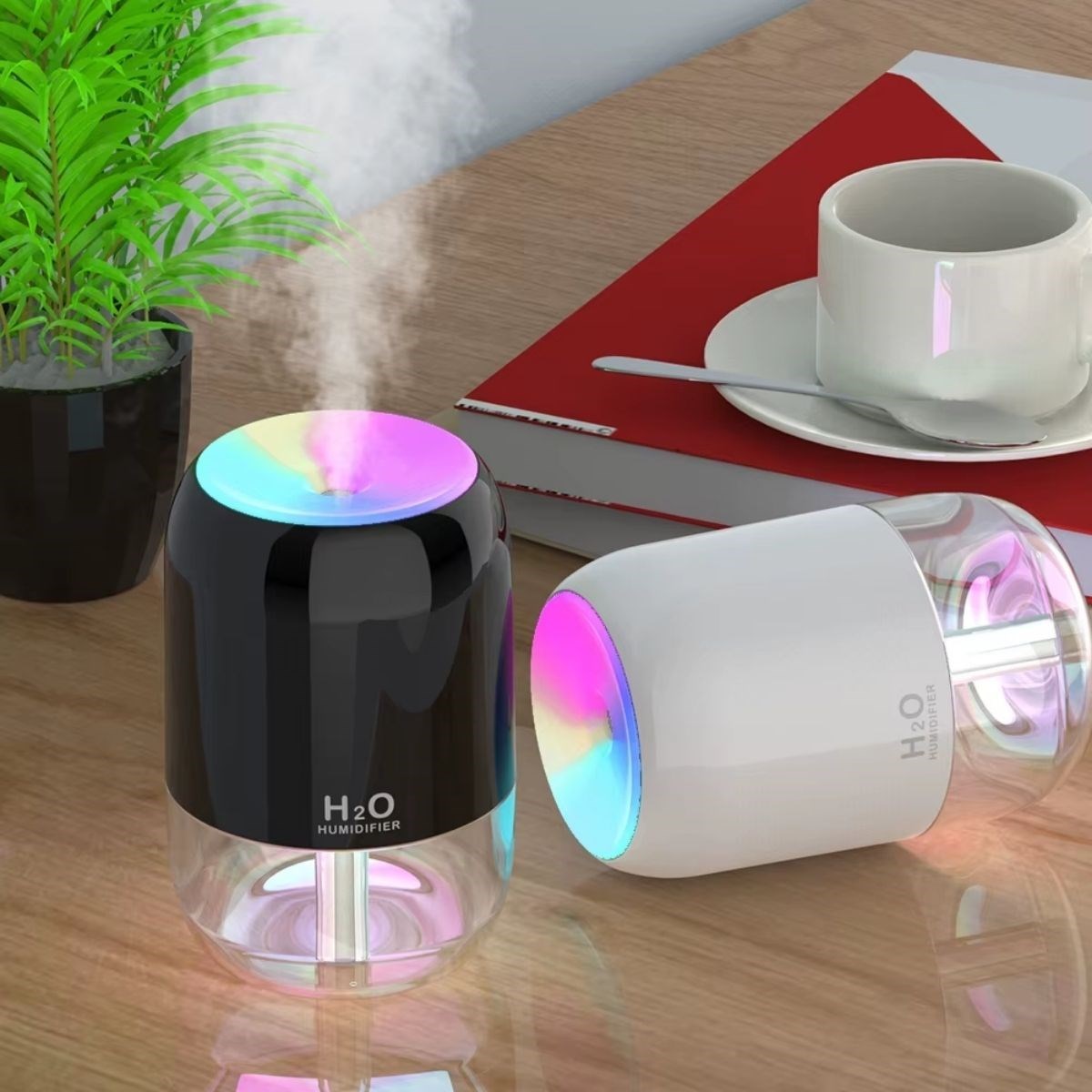 H2O Model Şeffaf Hazneli -Ultrasonik Soğuk Buhar Makinesi, LED Işıklı Masaüstü Oda Nemlendirici
