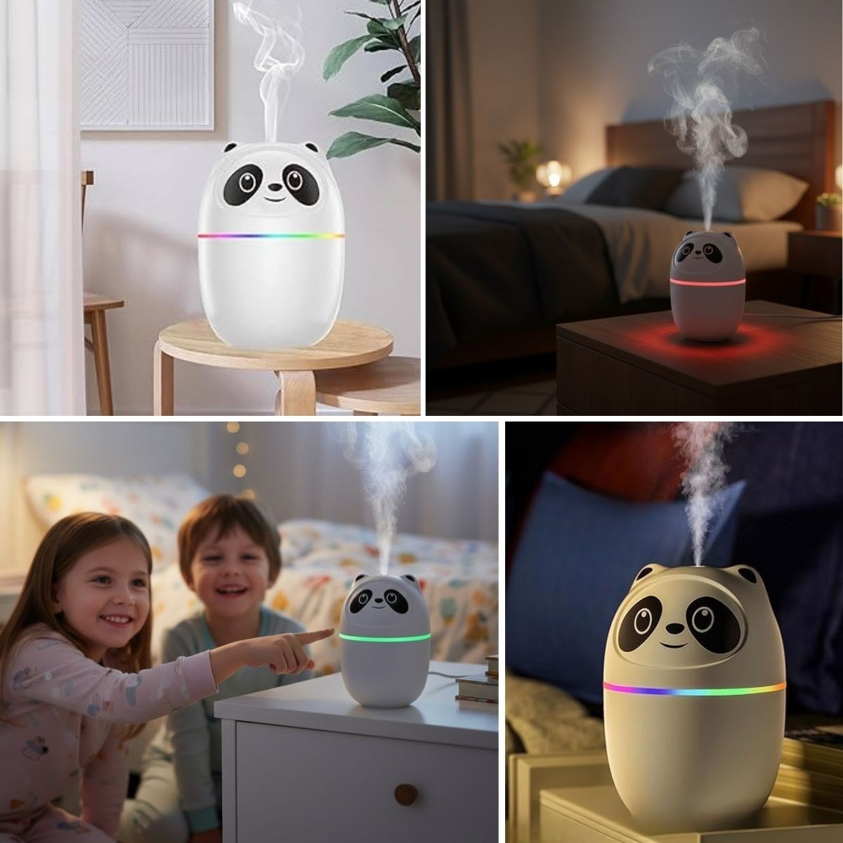 Sevimli Panda Figürlü – Ultrasonik Soğuk Buhar Makinesi, LED Işıklı Masaüstü Oda Nemlendirici