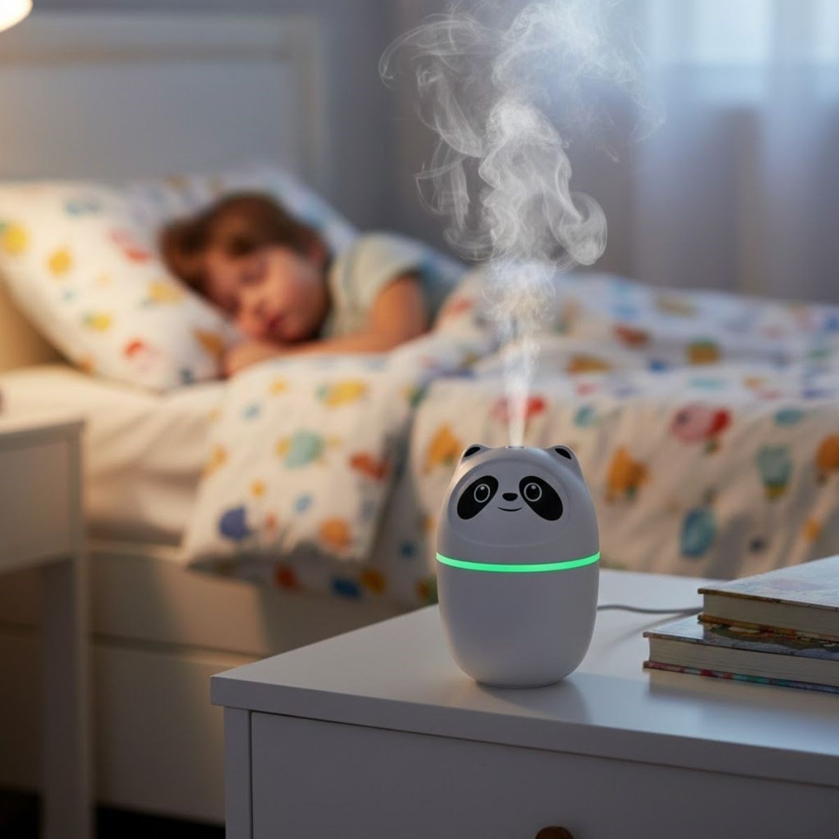 Sevimli Panda Figürlü – Ultrasonik Soğuk Buhar Makinesi, LED Işıklı Masaüstü Oda Nemlendirici