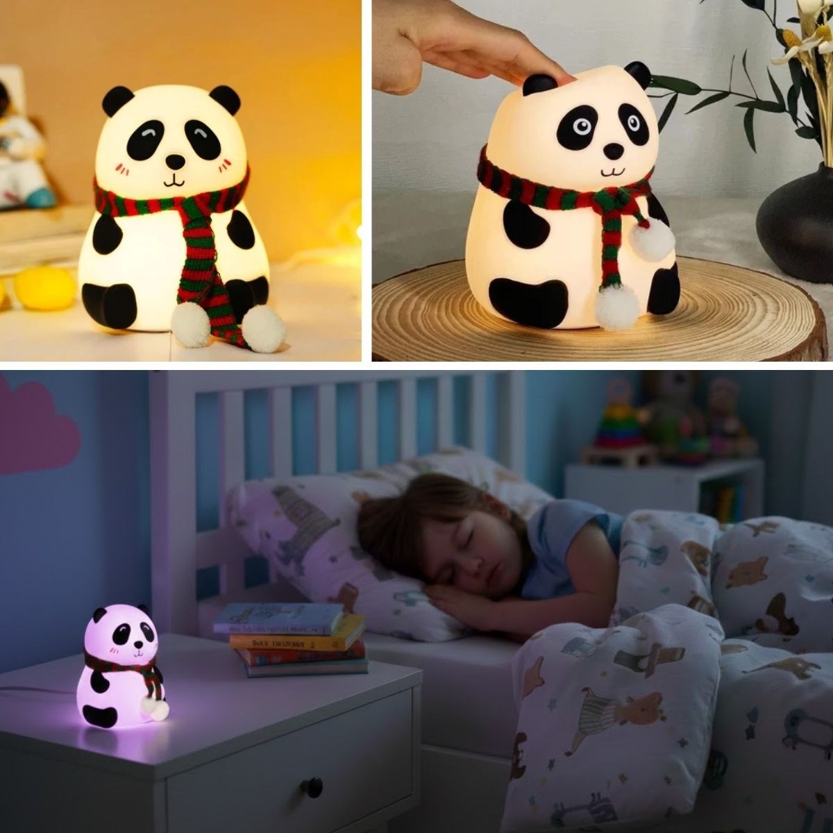 5 Renk Modlu Panda Figürlü Pofuduk LED Gece Lambası–Yumuşak Dokulu Çocuk Odası Ortam Işığı