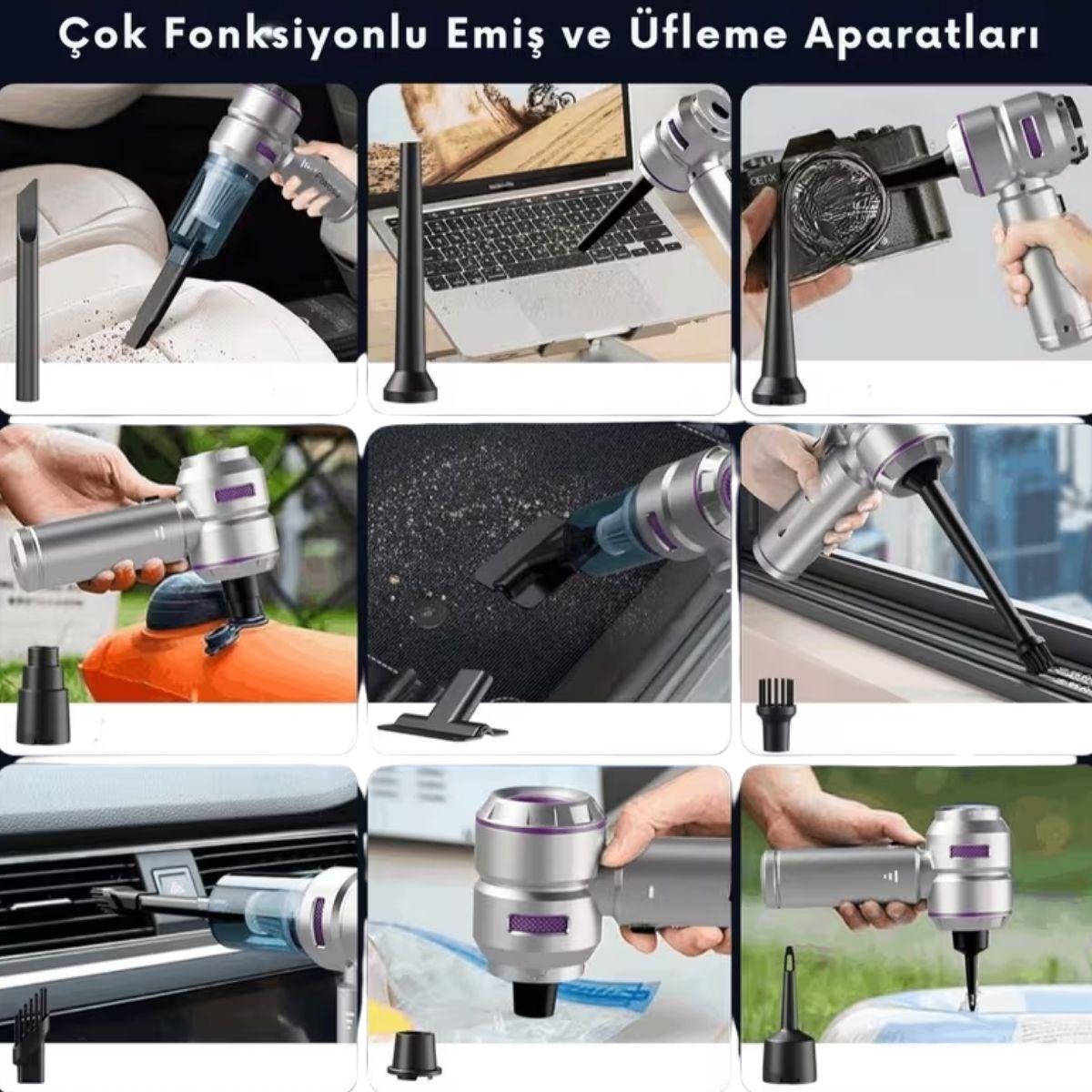 9 Farklı Uçlu Kablosuz Şarjlı Araç İçi Süpürge – Wireless Destekli, Güçlü Emiş, Taşınabilir Pratik