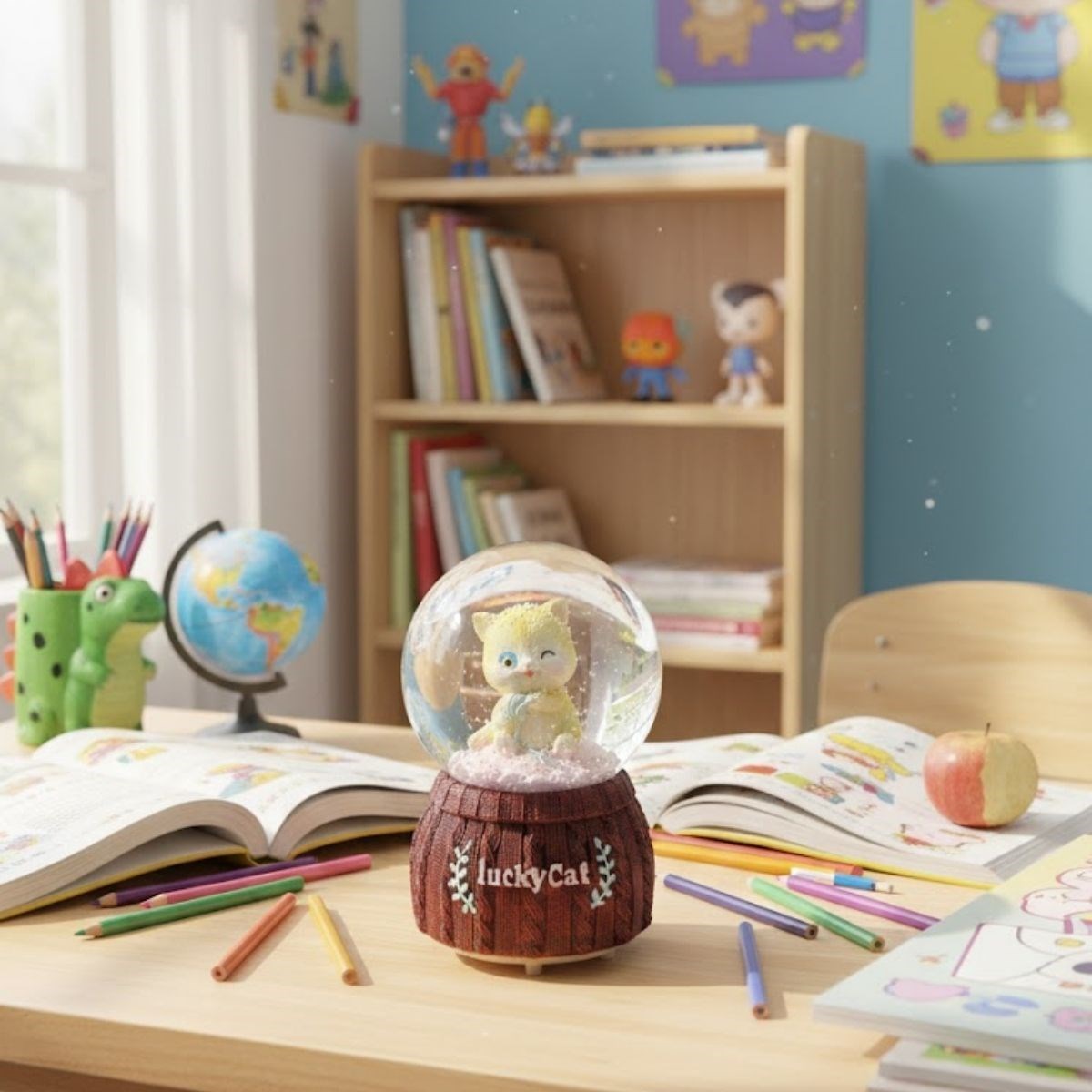 Pilli Işıklı Müzikli,Şanslı Kedi Figür Masaüstü Biblo, LED Aydınlatma Hediyelik Kar Küresi