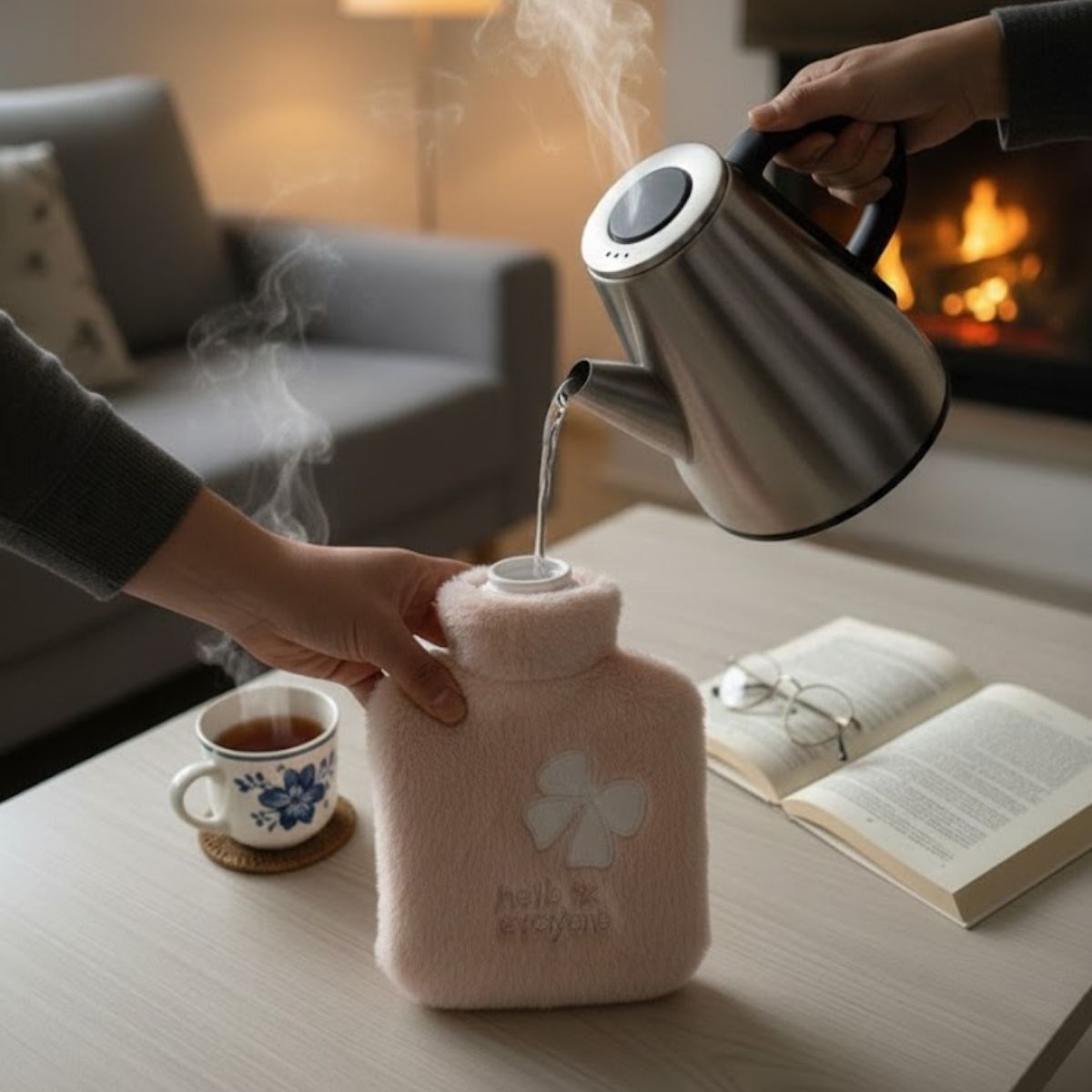 Hello Everyone Yazılı Kurdeleli Pembe Peluş  – Yumuşak Kılıf,n Termal Sıcak Su Torbası 1 Lt