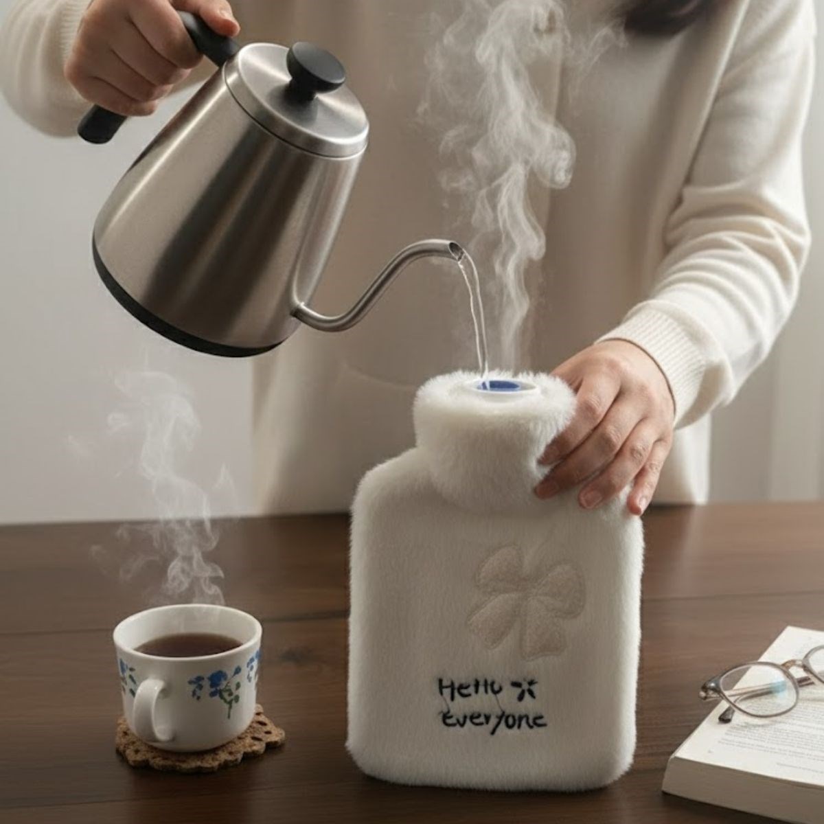 Hello Everyone Yazılı Kurdeleli Beyaz Peluş  – Yumuşak Kılıf,n Termal Sıcak Su Torbası 1 Lt