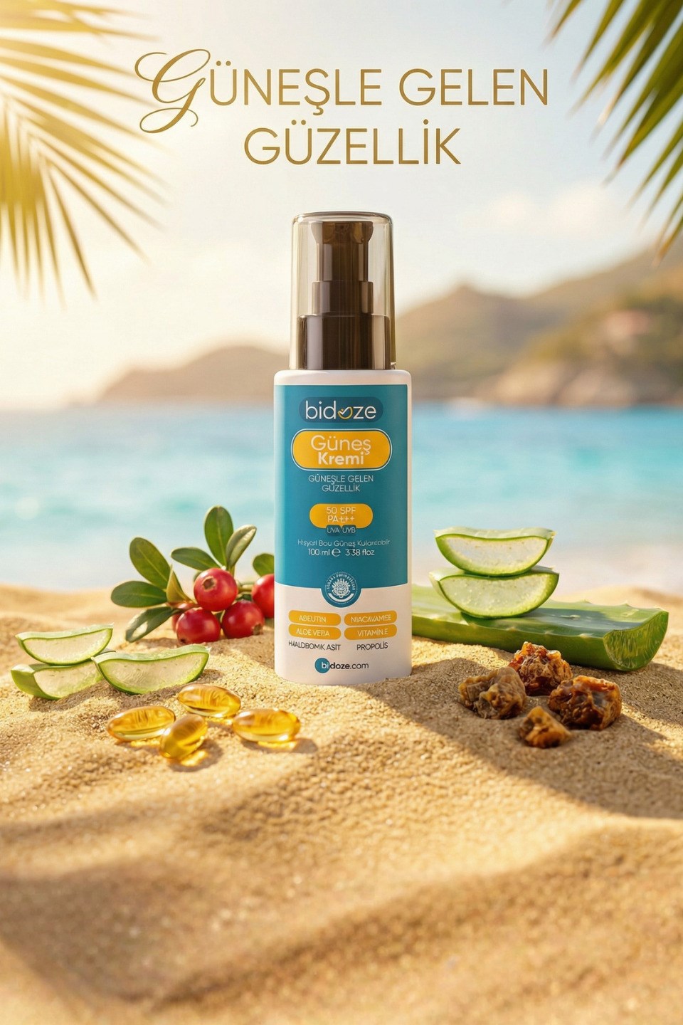 Bidoze Güneş Kremi 50+ SPF | Leke Karşıtı Onarıcı, Alpha-Arbutin Ginseng ve Kolajen