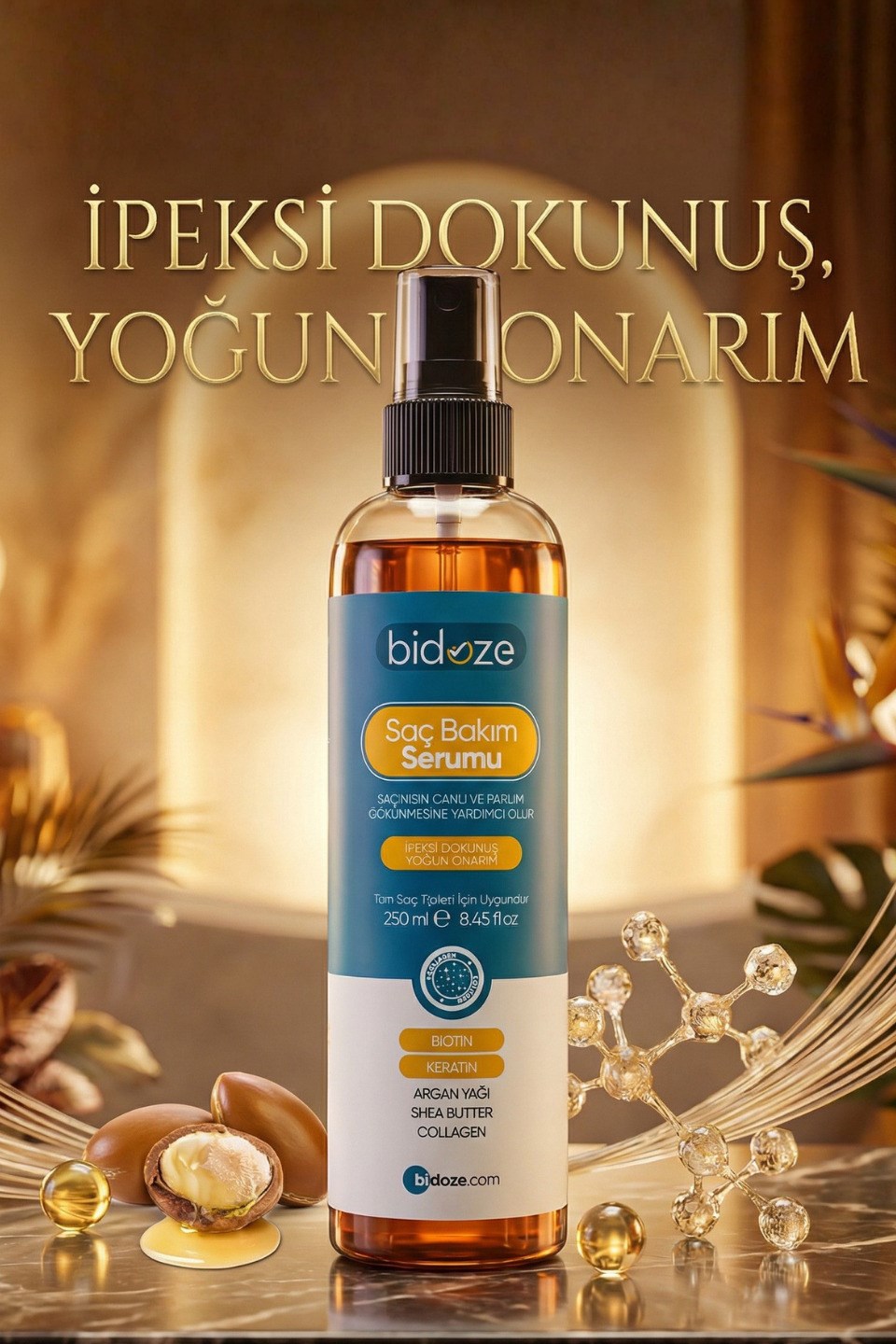 Besleyici Onarıcı Yoğun Saç Bakım Serumu 250 ML,Argan Keratin Biotin Kolajenli,Kabarma Önleyici