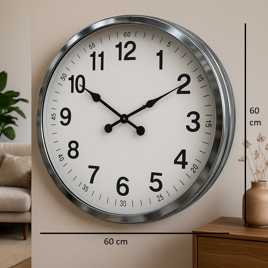 Zentime  Krom Zarif 60 Cm Metal Duvar Saati