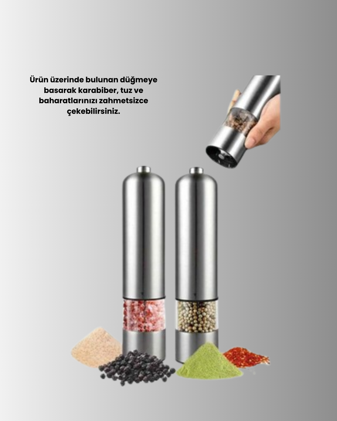 Pilli Baharat Değirmeni Karabiber Tuz ve Baharat Öğütücü