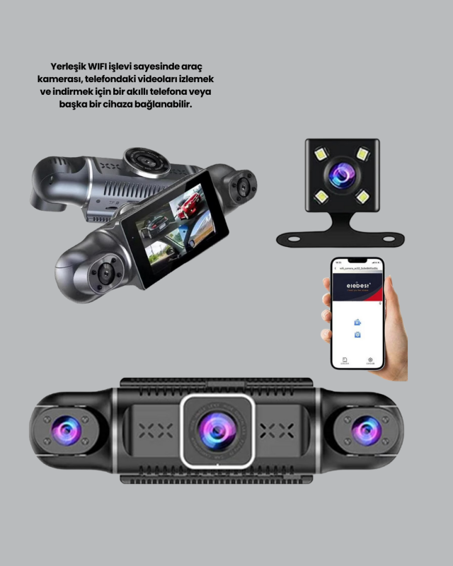 GPS’li 4 Kameralı Araç İç Dış Kayıt Sistemi 1080P WiFi Destekli
