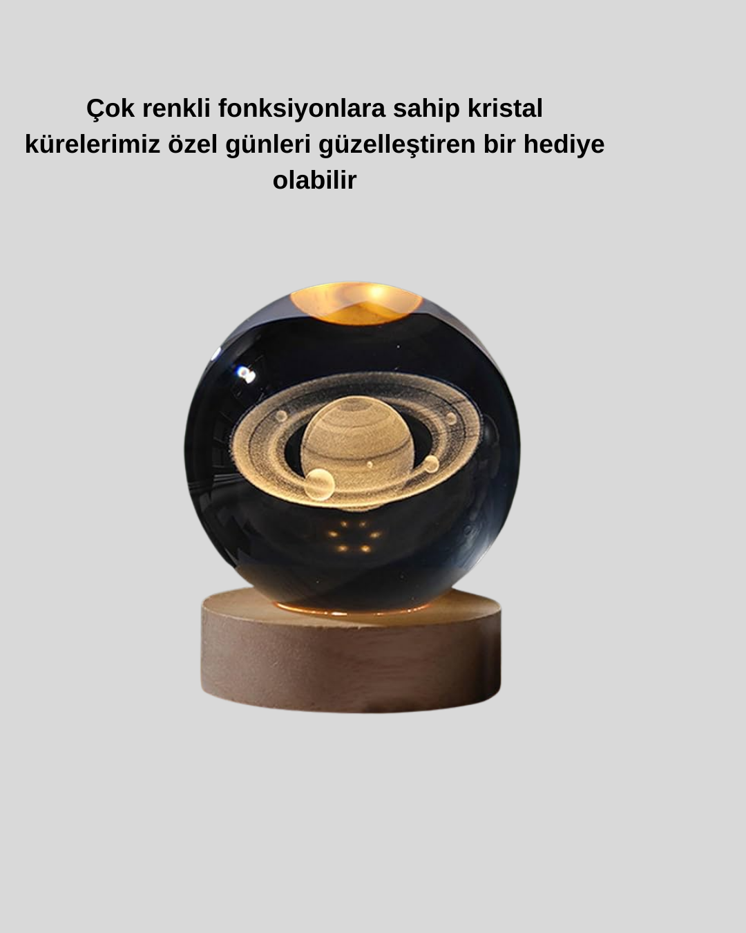 Satürn Desenli Kristal Küre LED Gece Lambası Ahşap Standlı