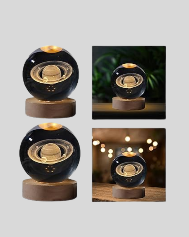 Satürn Desenli Kristal Küre LED Gece Lambası Ahşap Standlı