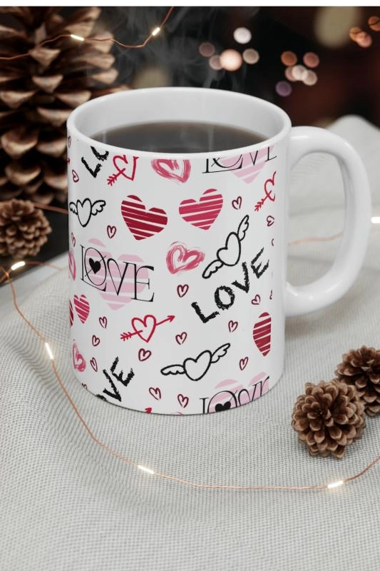 Hediyelik Kalp ve Love Desenli Aşk Kahve ve Çay Kupa Bardağı