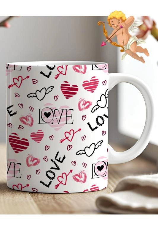 Hediyelik Kalp ve Love Desenli Aşk Kahve ve Çay Kupa Bardağı