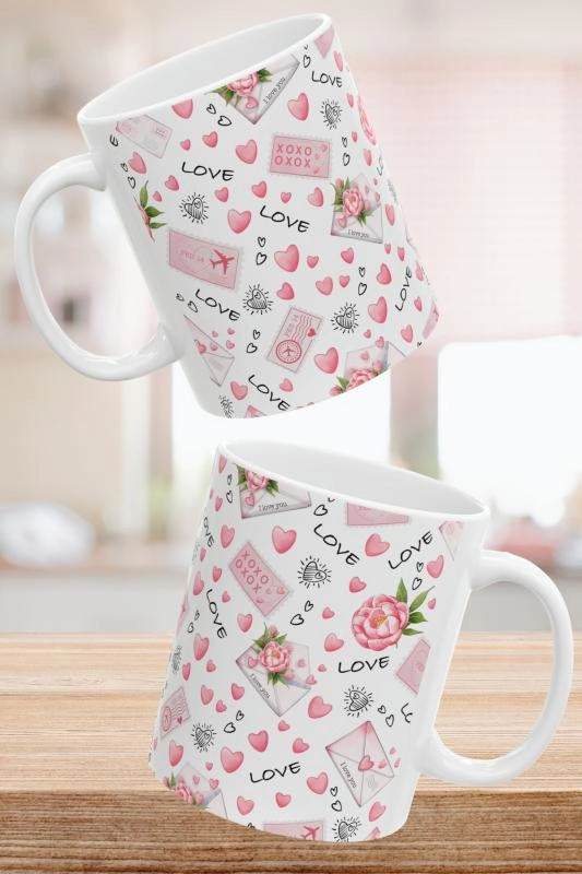 Hediyelik Love Desenli Mektup Romantik Kalpli Kahve ve Çay Kupa Bardağı