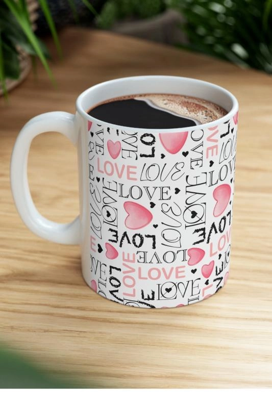 Hediyelik Love Desenli Aşk Romantik Kalpli Kahve ve Çay Kupa Bardağı