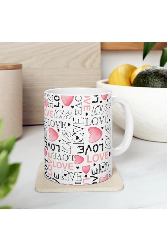 Hediyelik Love Desenli Aşk Romantik Kalpli Kahve ve Çay Kupa Bardağı