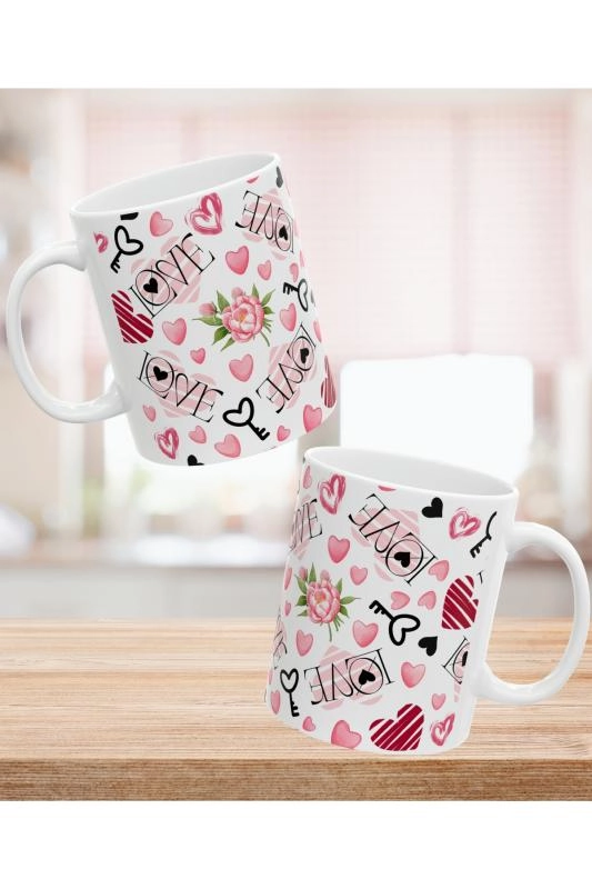 Hediyelik Love Desenli Romantik Kalpli Kahve ve Çay Kupa Bardağı