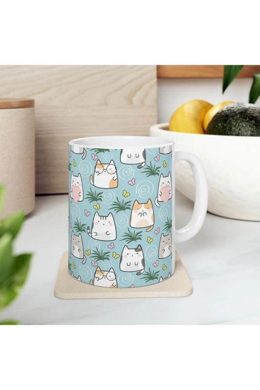 Hediyelik Mavi Kedili Kedicikli Desenli Kupa Bardak Kedi Sevdalılarına Özel