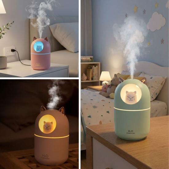 Kedicik-Figürlü-–-Ultrasonik-Soğuk-Buhar-Makinesi,-LED-Işıklı-Masaüstü-Oda-Nemlendirici