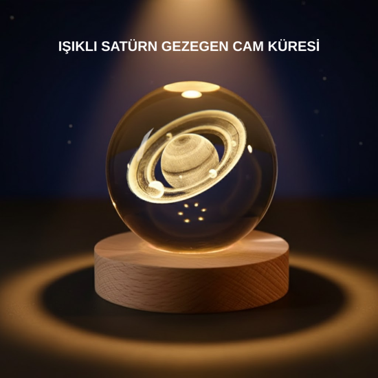 Satürn-Desenli-Kristal-Küre-LED-Gece-Lambası-Ahşap-Standlı
