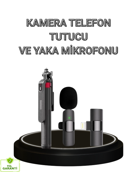 Vlog-ve-Canlı-Yayın-İçin-Çift-Yaka-Mikrofonu-ve-Tripodlu-Selfie-Çubuğu-Seti