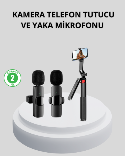 Kablosuz-Çift-Yaka-Mikrofonu-ve-Tripodlu-Selfie-Çubuğu-İçerik-Üretici-Seti